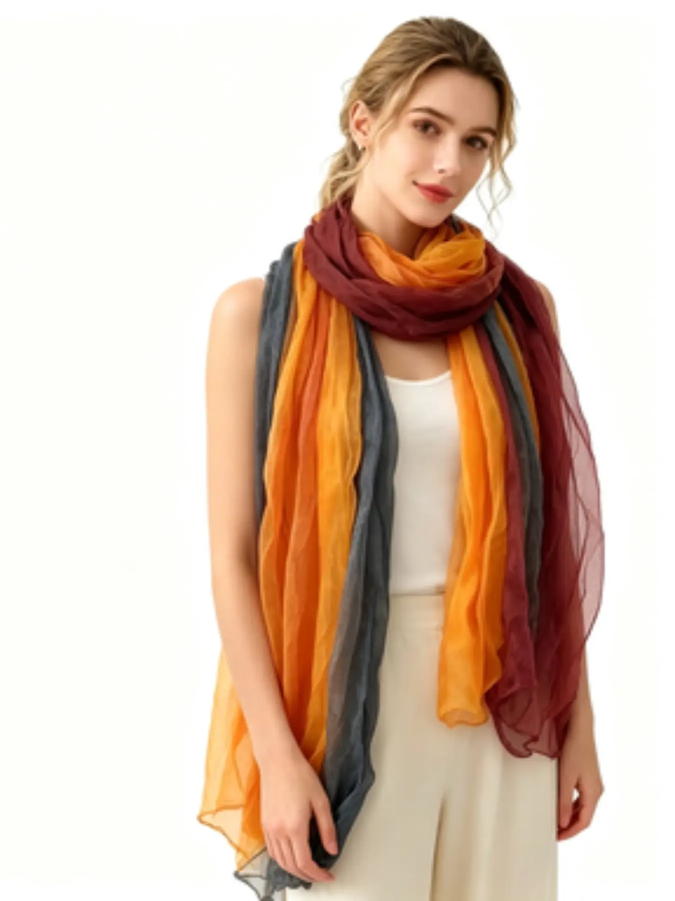 Vintage Gradient Pleated Scarf, Spring Autumn Women's Long Strip Printed Shawl, Retro Versatile Fashion Accessory, Cozy Atmosphere Wrap