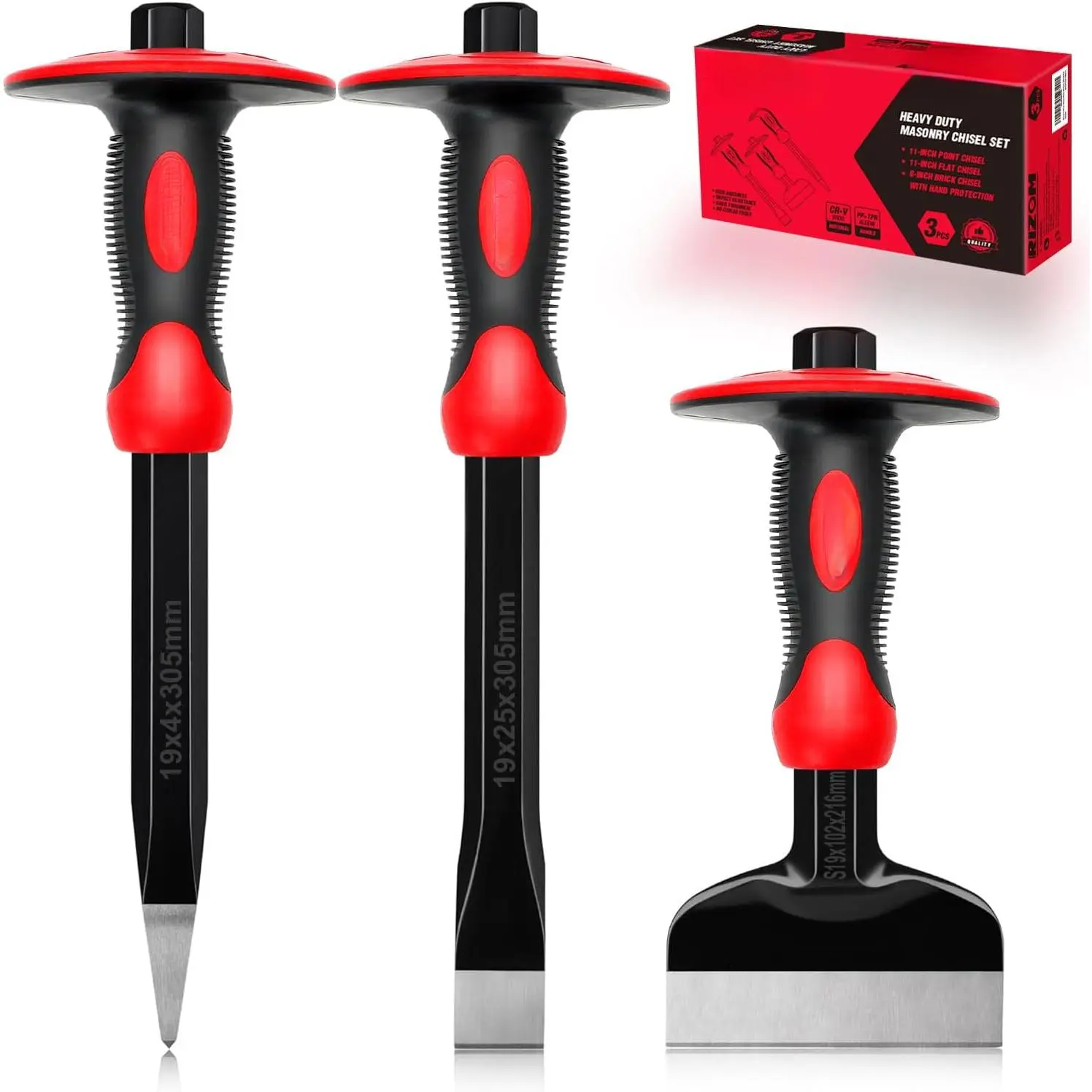 Chisel set with hand guard, 3-piece stone chisel set, heavy-duty masonry tools, including 11inch point chisel and flat chisel, 8inch brick chisel
