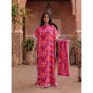 Elegant Geometric Print Robe Set – Moomoo Dress with Headscarf, Boho Beach Cover Up & Sun Protection Silk Outfit for Women