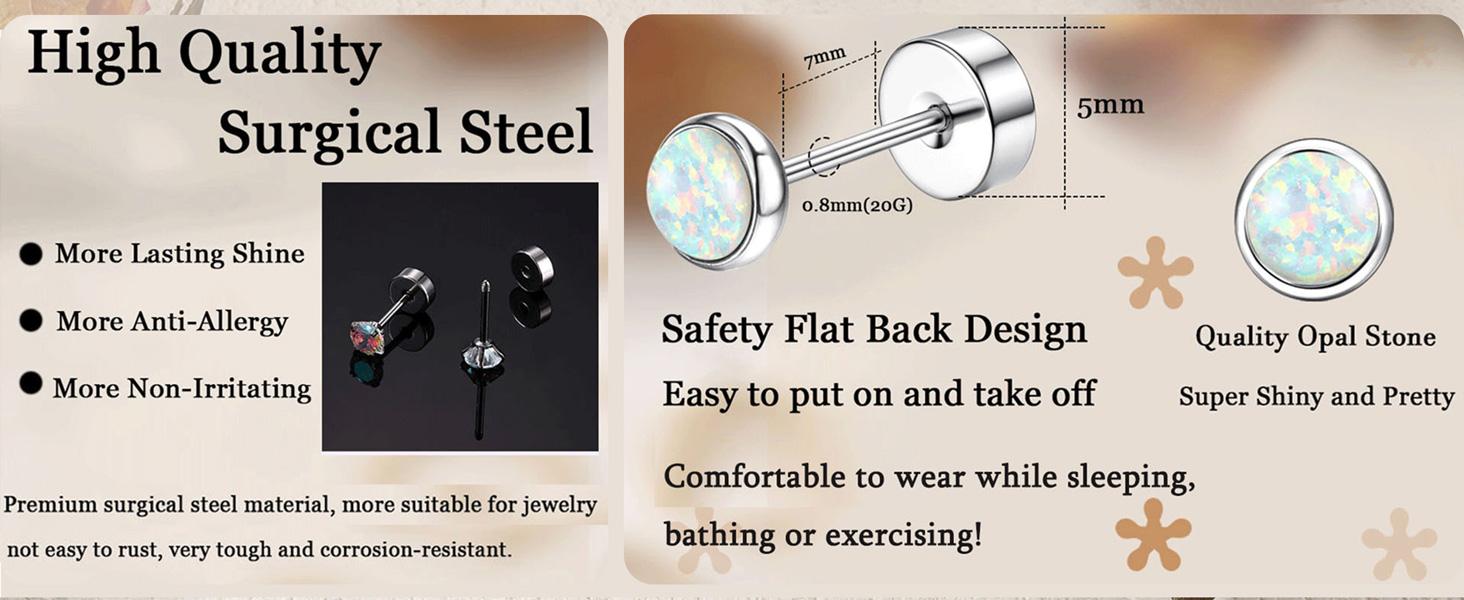 Trendy  Surgical Steel Earrings for Sensitive Ears Hypoallergenic 20G Stainless Steel Stud Hoop Earrings for Women Men Small Opal Ball CZ Surgical Steel Flat Back Earrings Cartilage Earrings Hoop Stud