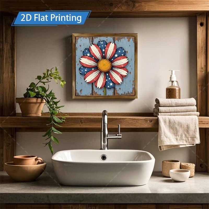 8x8inch Horizontal Wooden Sign - Patriotic Daisy Flag Framed Wall Art, Rustic Farmhouse USA Theme Suitable for Kitchen Bathroom Living Room Decor, Thick Wood Board Decoration for Home Gifts, Tabletop or Hanging Display,250th Anniversary