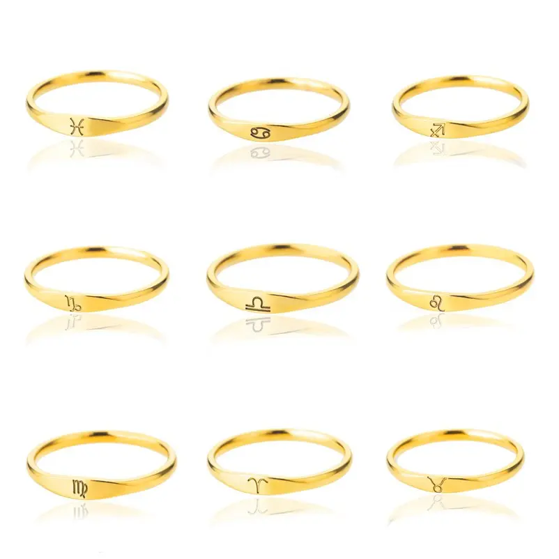 Size 7,18K Gold Plated Stainless Steel Zodiac Rings for Women Men - Non-Tarnish Ins Style Astrology Sign Ring, Unisex Matching Couples Jewelry Gift