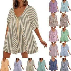 Women’s Summer Striped Puff-Sleeve Mini-Shorts Romper Dress, V-Neck Jumpsuit, Boho Beach Vacation Outfit - Striped Oversized Romper with Pockets, Casual Cotton Women’s Wear, Adjustable