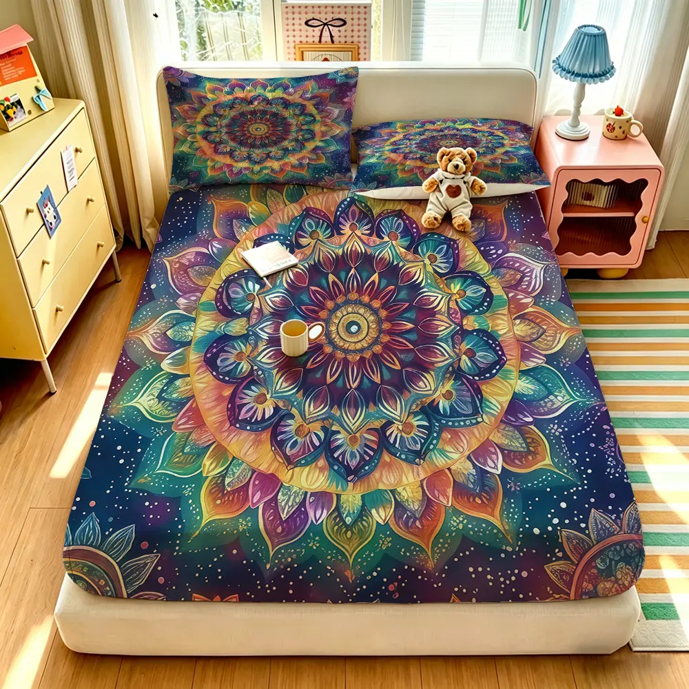 A 3-piece colorful mandala-patterned Boho Bedding Set, including one bedspread and two pillowcases, without a filling. The bedspread is soft and comfortable, with a deep pocket design, making it a perfect gift option.