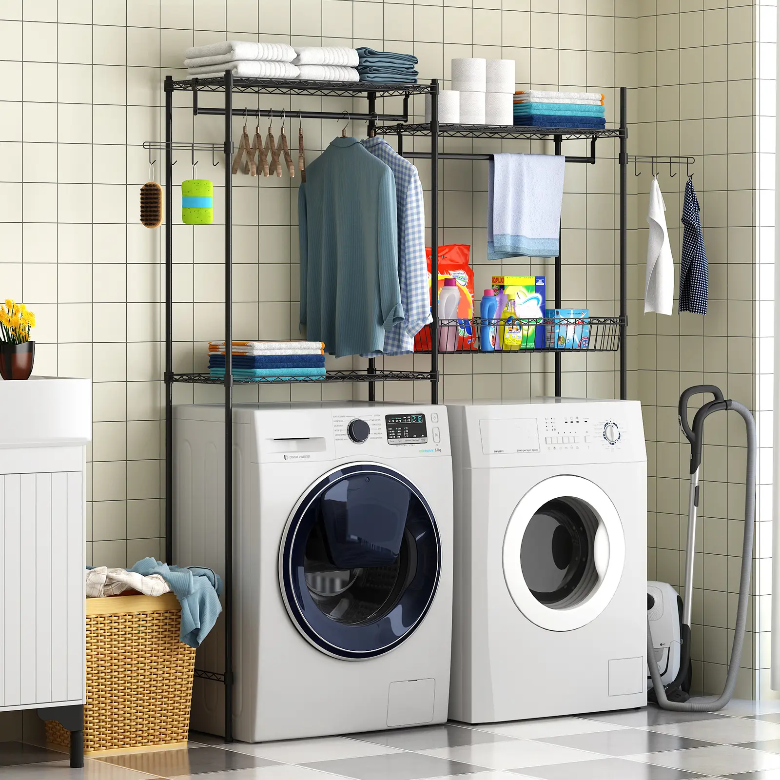 4-Tier Adjustable Over Washer & Dryer Laundry Rack, Space Saving Laundry Towel Rack Adjustable Height Standing Shelving Units with Side Hook - Black Carbon Steel