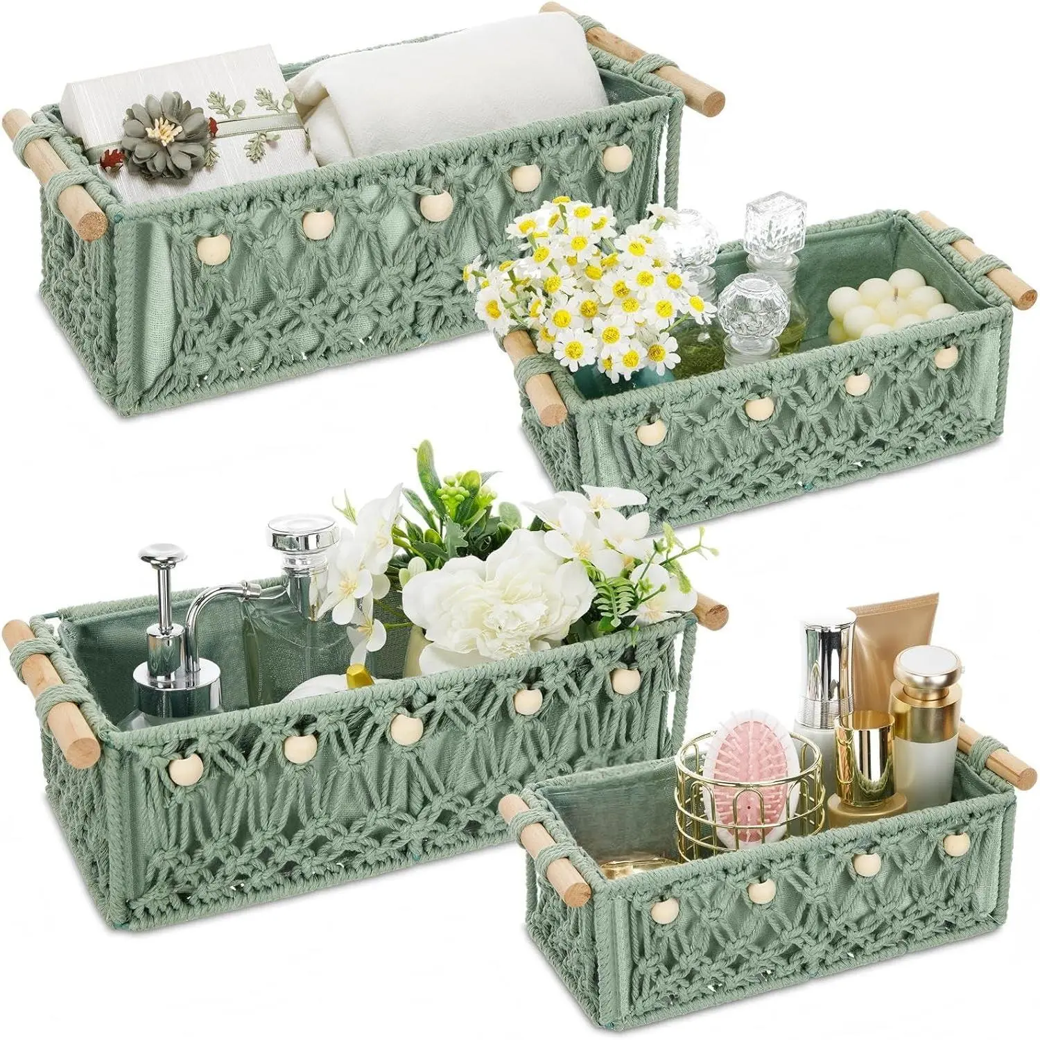 4-Pcs Cotton Sage Green Macrame Storage Basket Set with Wood Handles, Beads - Farmhouse Boho Hand-Woven Multifunctional Space-Saving Decor Organizers (13in, 11in) for Nursery, Kitchen Shelf, Ideal Gift