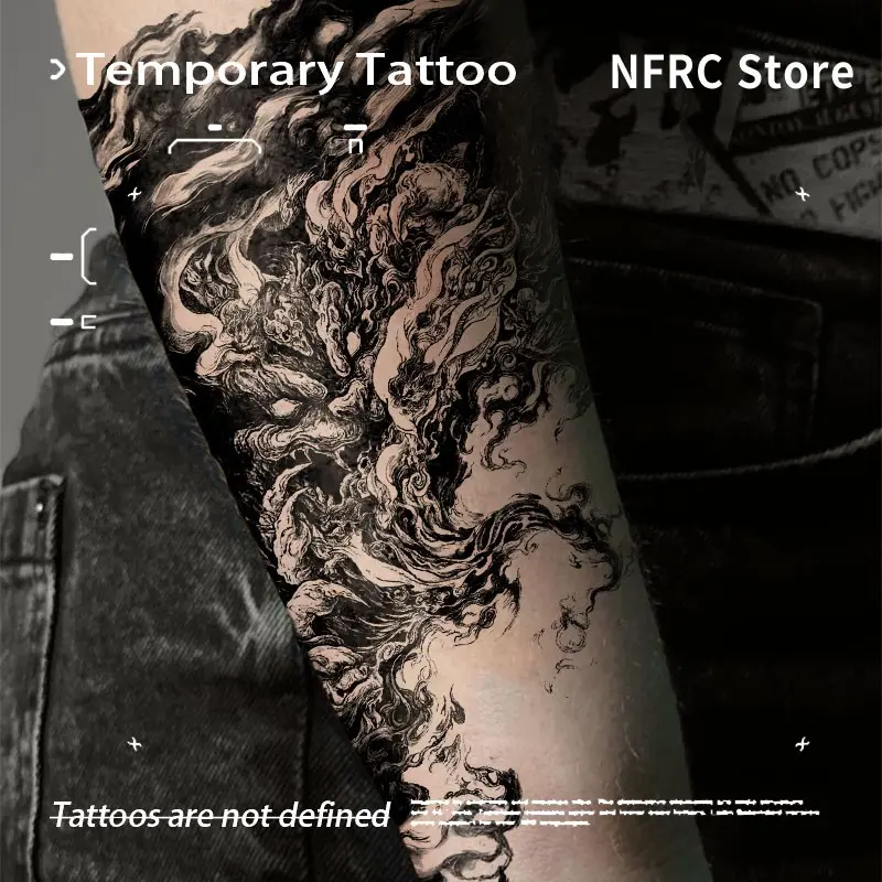 Black White Cloud Demon God Print Herbal Juice Temporary Tattoo Semi‑Permanent Waterproof Long‑Lasting Large Fake Tattoo Stickers for Forearms Men Women Temporary Fake Tattoos