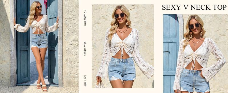 Saodimallsu Womens Crochet Crop Tops Tie Front Bell Long Sleeve Cardigan V Neck Lightweight Knit Shrug Sweaters