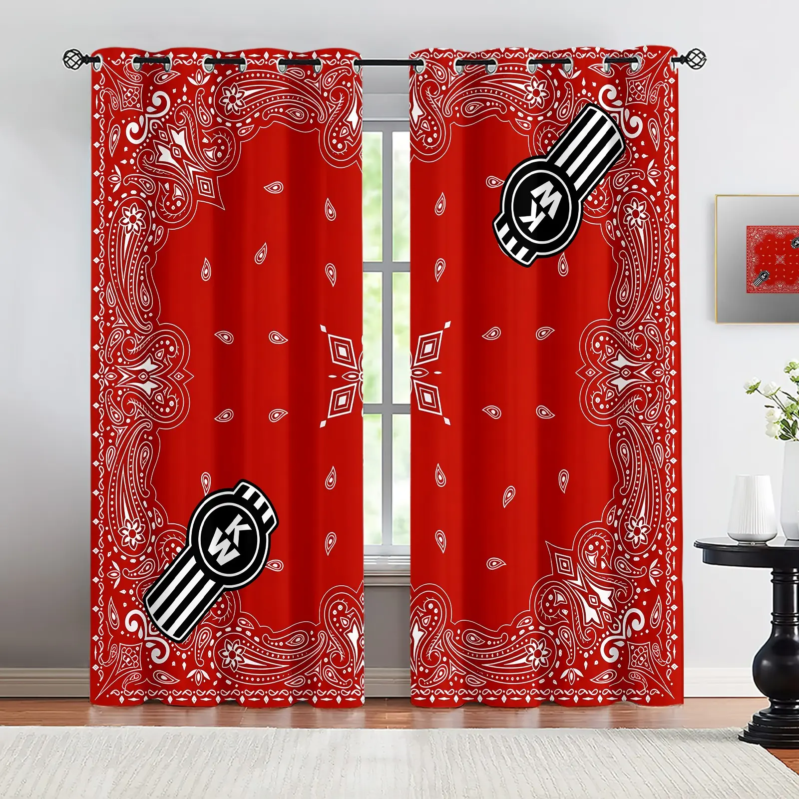 2 Panels Paisley Border Bandana Blackout Curtains, Room Darkening Red Background KW Badge Graphic Design, No-Hook Washable Fabric, Light Blocking Window Drapes for Dorm Apartment Living Room Decor, Hip Hop Decor Fan Gift