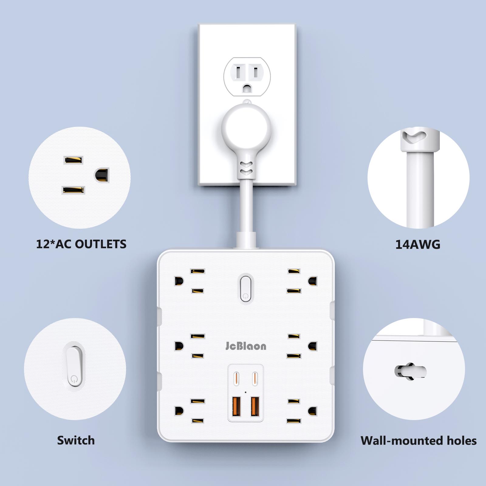 16-in-1 Power Strip with Switch & Surge Protective Socket, multi plug outlet, Multifunctional Power Strip with 12 AC Outlets & 2 USB & 2 Type-C for Office, Home and Travel