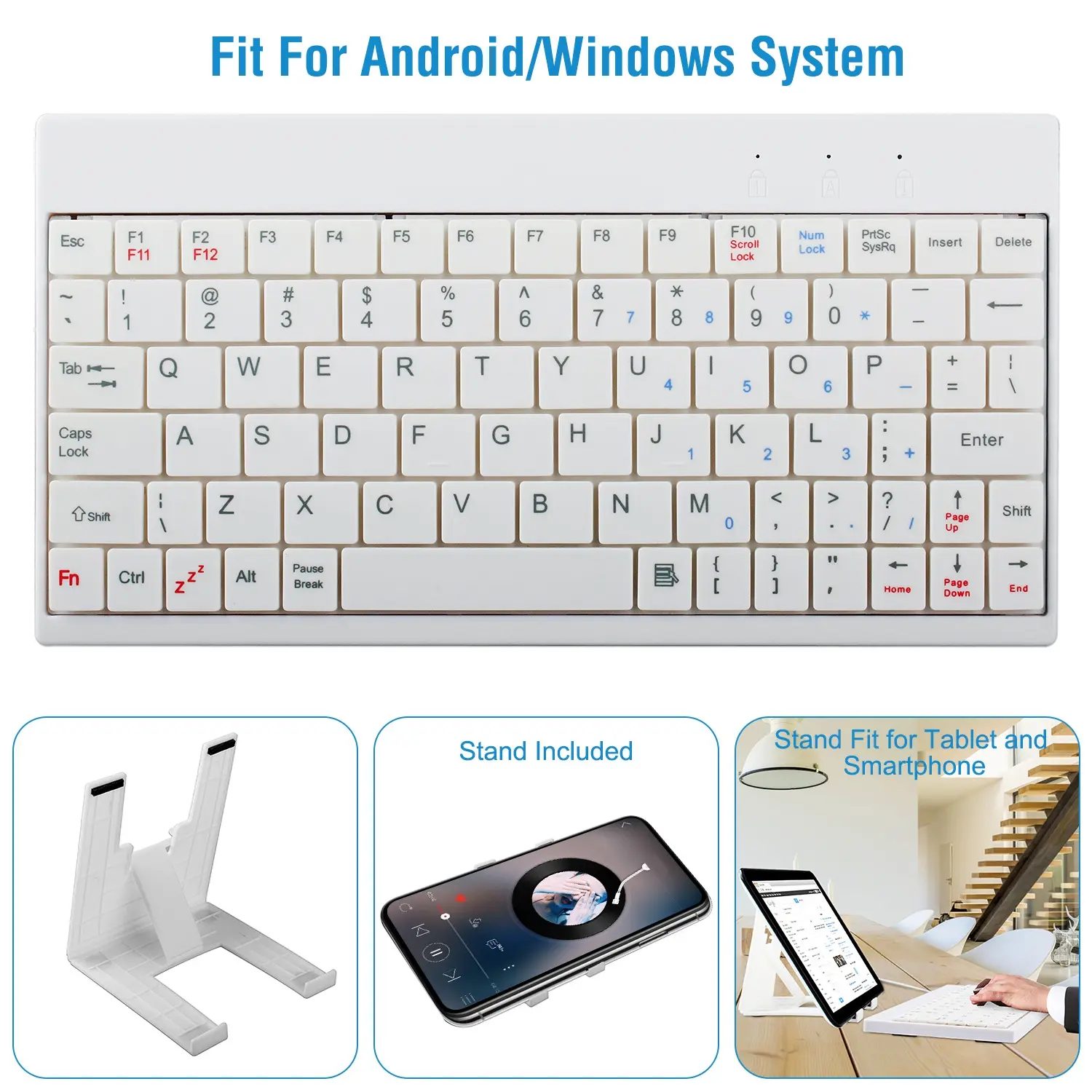80-Key Mini USB Wired Keyboard with Tablet Stand & Carry Bag, Compact Portable Keyboard for Android, Windows Tablet, Laptop and PC, White