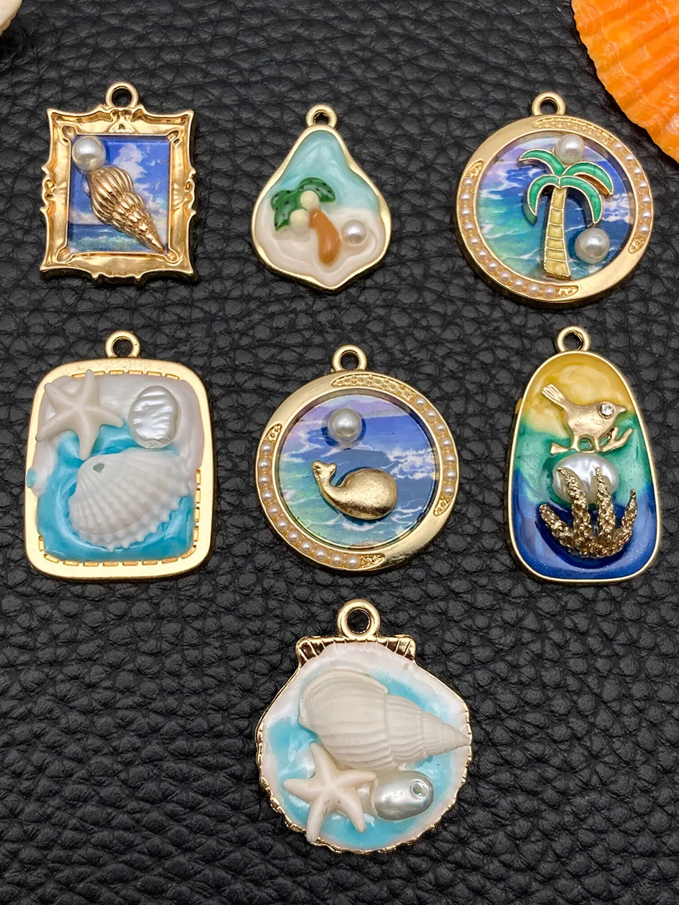 7pcs Fashion Enamel Ocean Beach Gold Plated Lovely Charms Charm Accessory French Blue Coconut Tree Shell Pendant Diy Pendants for DIY Bracelet Necklace Earrings Beach Style Jewelry Making Craft Accessories