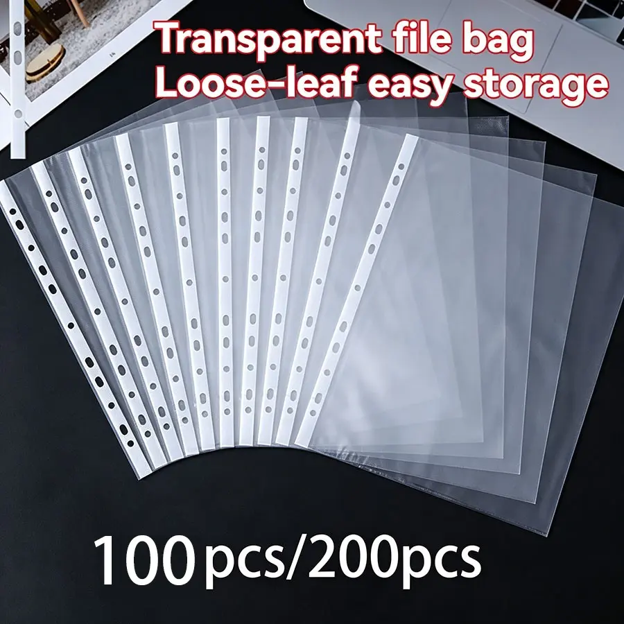100pcs/200pcs Transparent 11-Hole File Bags, A4 Large Capacity Binder Pouches, Office Supplies, Modern PP Material, Expandable Pockets, Portable for School, Home, Office