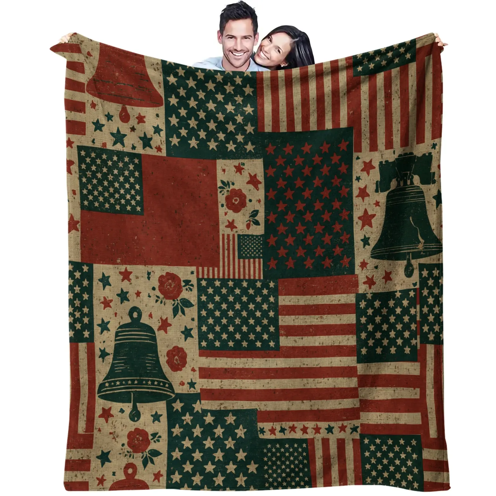 Vintage American Flag Liberty Bell Patchwork Throw Blanket, Super Soft Milk Fleece & Flannel Blanket, 300GSM Anti-Static All-Season Blanket for Bed Sofa Couch Office Travel, Lightweight Warm Throw, Machine Washable Non-Fading Home Decor Festival Gift