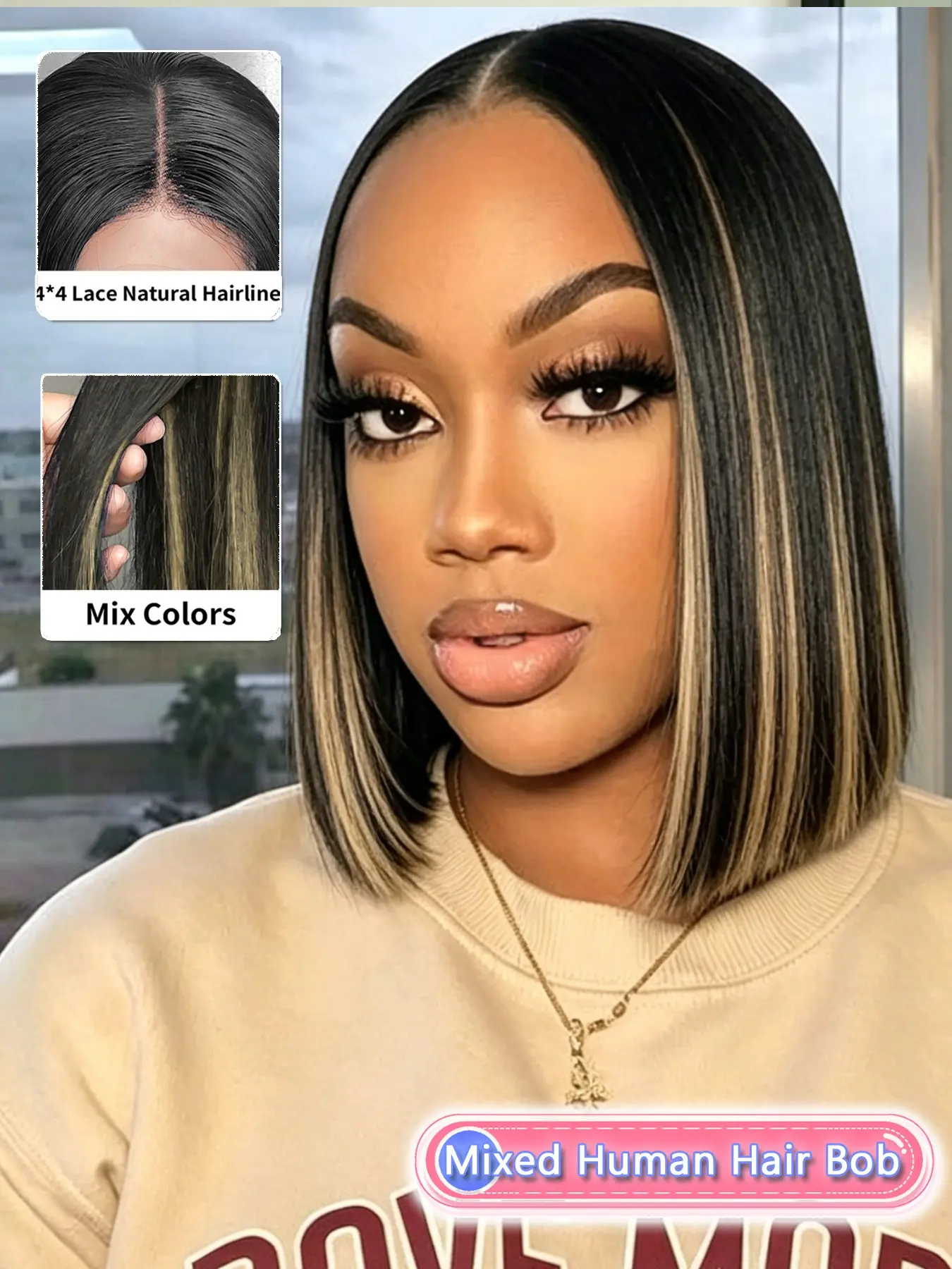 10 Inch Mixed Color Human Hair Bob Wig with a Straight Blunt Cut, 4x4 Lace Closure and Natural Middle Part, Smooth Flowing Texture, Breathable Comfort for Women Every Day