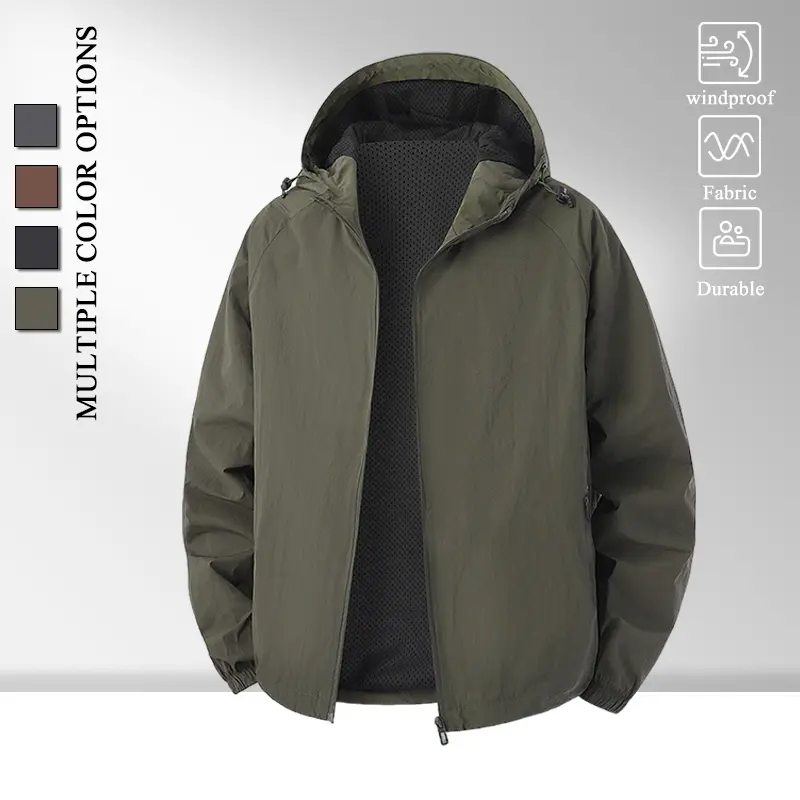 All Season Light Mesh Lined Attached Hood Wind Jacket for Men, Adjustable Drawstring Hood Elastic Rib Cuffs, Durable Full Zip Windbreaker for Shopping Training Street Style