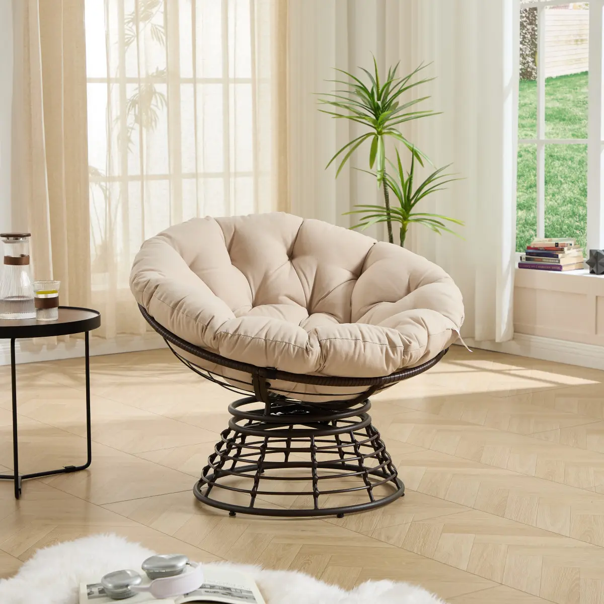 Papasan Circle Chair for Adults - Sturdy Durable Wicker Rattan Seating, 360° Swivel Fully Padded Comfy Reading Chair, Brown Frame with Beige Cushion, Indoor Furniture for Living Room Bedroom Outdoor Use, Durable Seating, Fully Padded Chair