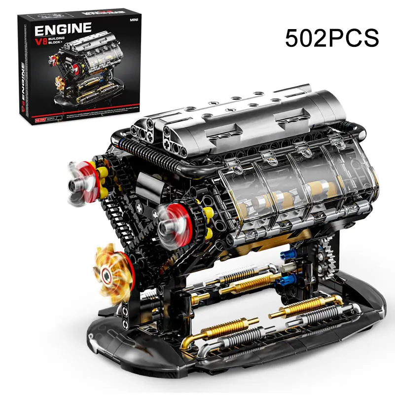 Creative V8 Engine Building Kit for Adults—Build Your Own MOC Mini V8 Engine Model Toy for Display, with Simulated Chain Drive and Piston Movement, Transparent Cover Design, Adult STEM Building Project (692 Pieces)