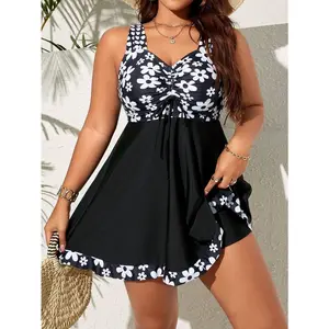 Plus Size Women's Floral Print Tankini Swim Dress, Drawstring Ruched V Neck Two Piece Skirted Swimsuit, Tummy Control Modest Bathing Suit with Boyshort Bottom