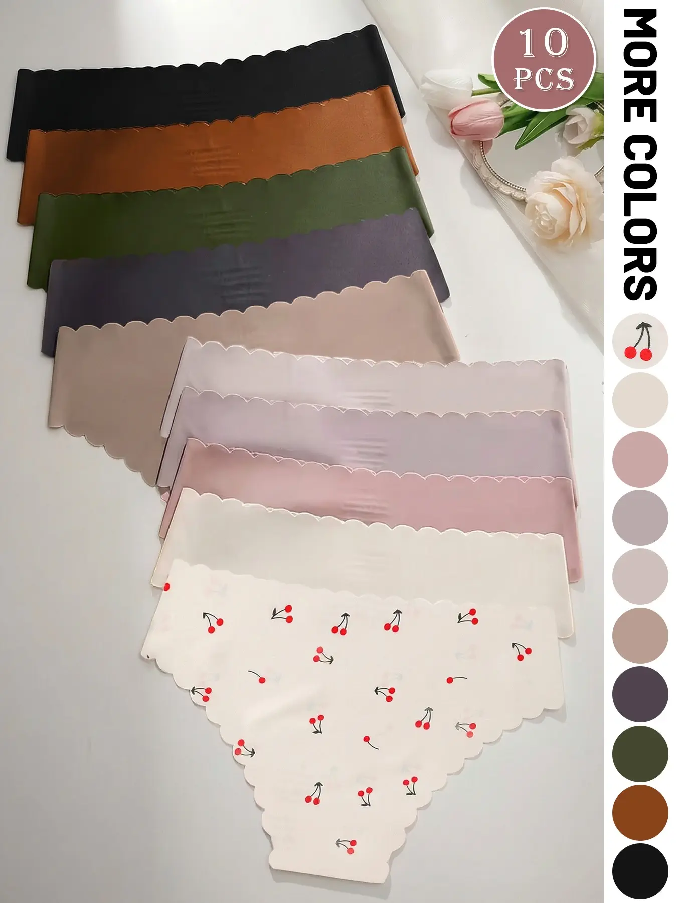 10 Pcs Seamless Women's Underwear, Cherry Print, Slim-Fit Low Waist Briefs, All-Season Casual Wear, Sexy Leopard Pattern, Knitted Stretch Underwear