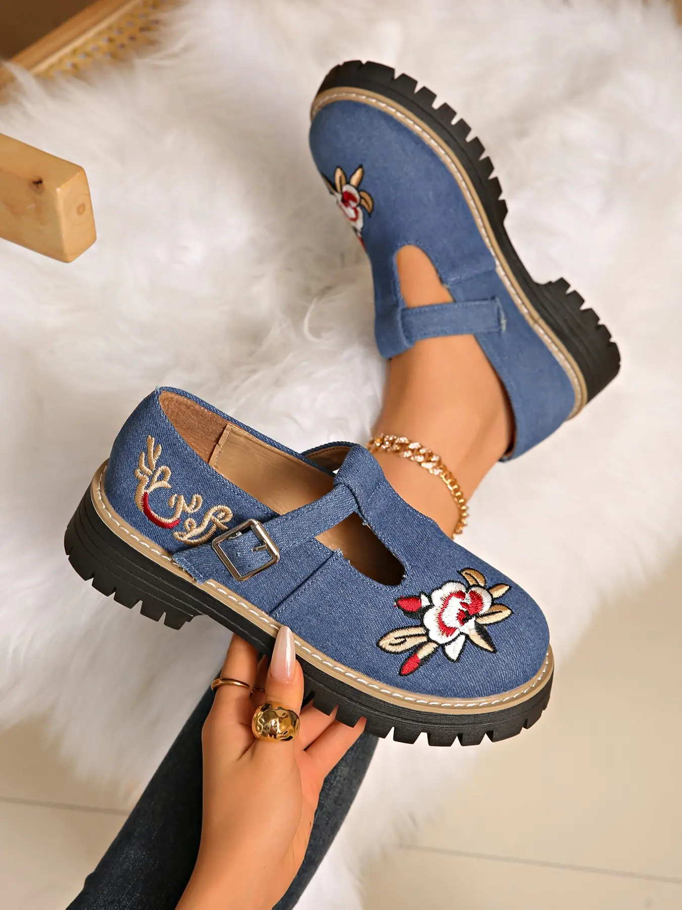 Denim Embroidered T-Strap Thick Sole Sneakers, Breathable Denim Fabric, Floral Embroidery, Anti-Slip, Perfect for Young Women, Casual