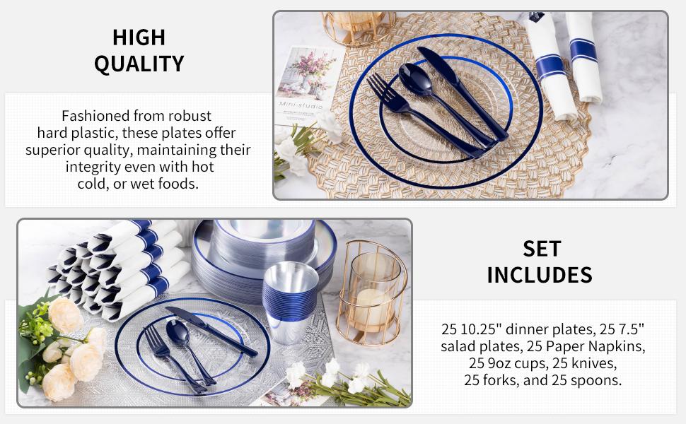 Goodluck 175PCS Dark Blue BPA-Free Food-Grade Disposable Tableware Set for 25 Guests, Including Dinner & Dessert Plates, Napkins, Cutlery, Cups for Parties, Christmas
