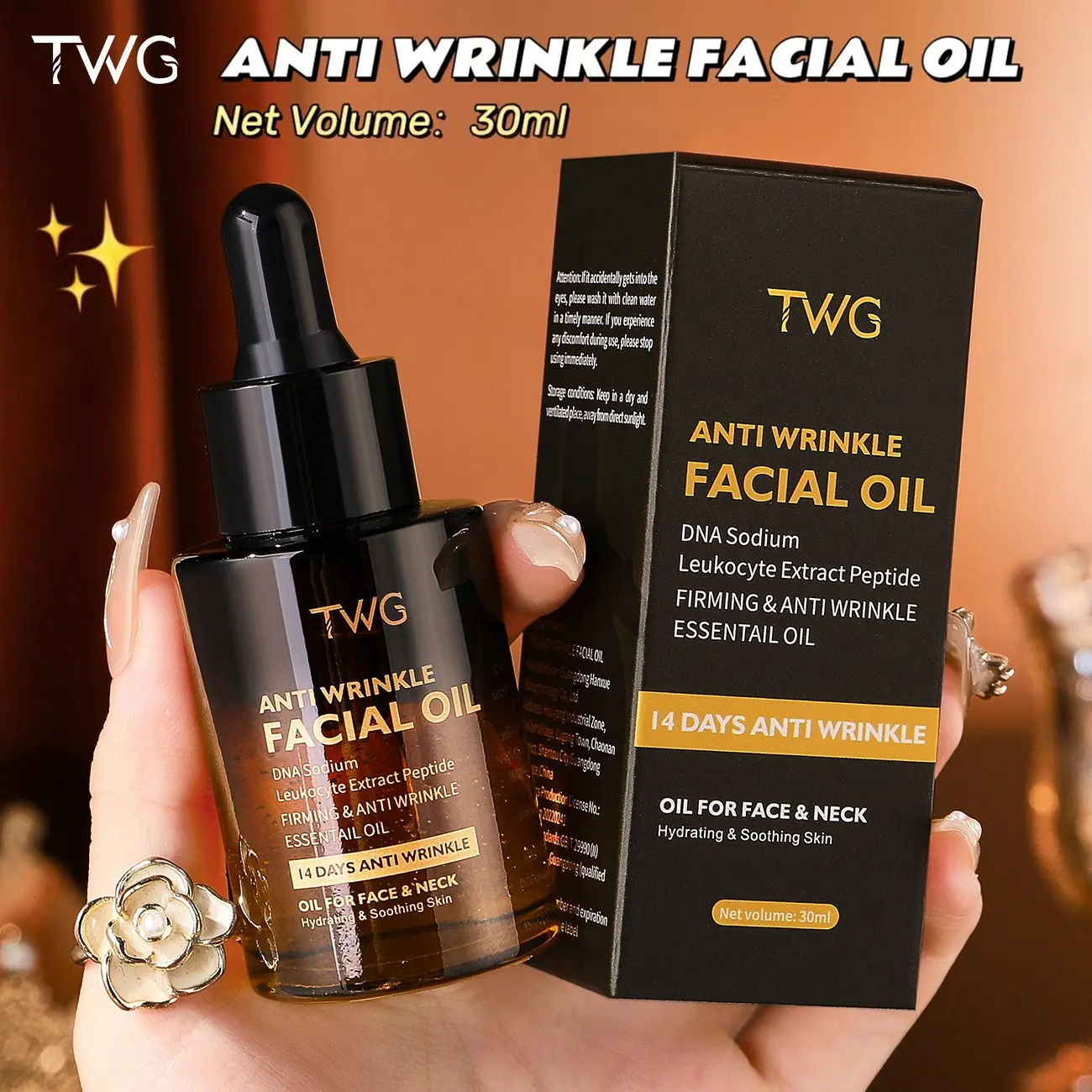 Anti-Wrinkle Facial Oil, Firming Face Neck Serum, with Sodium Dna, Blood Cell Extract, Peptides, Hydrating, 30ML