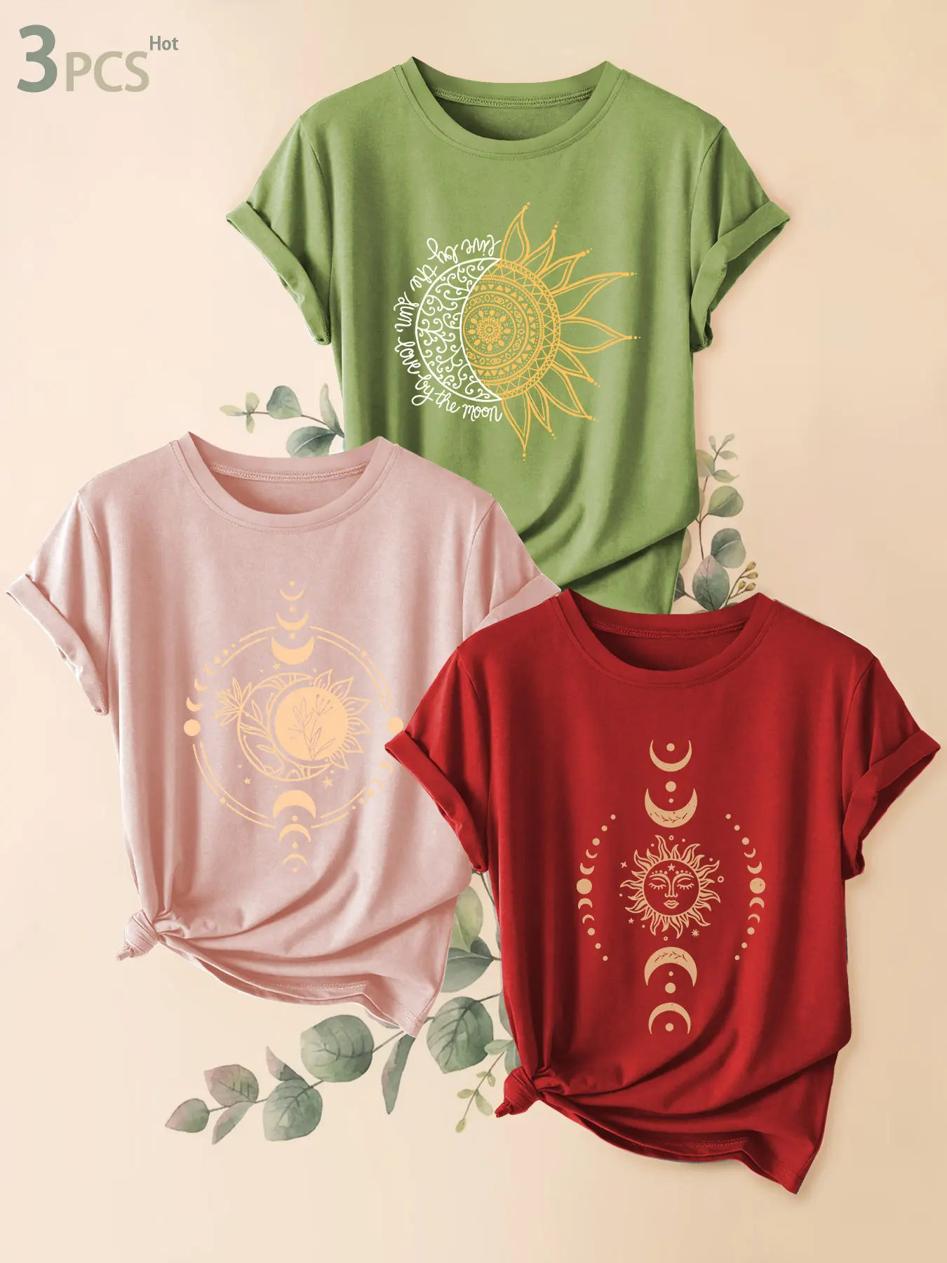3Pcs Women Crew Neck T-Shirt, Boho Mystical Celestial Print Sun Moon Mandala, Lunar Phase & Star Cycle Graphics, Multi-color Available, Machine Washable, Soft Skin-friendly Spring Summer Daily Stylish Top