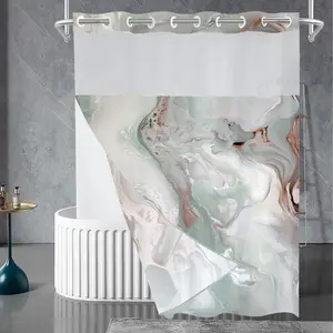 Double Layer Large Ring Digital Printing Waterproof Shower Curtain Marble Shower Waterproof Blocking Hotel Bathroom Curtain durable luxurious u-shaped fabric set liner magnet window style