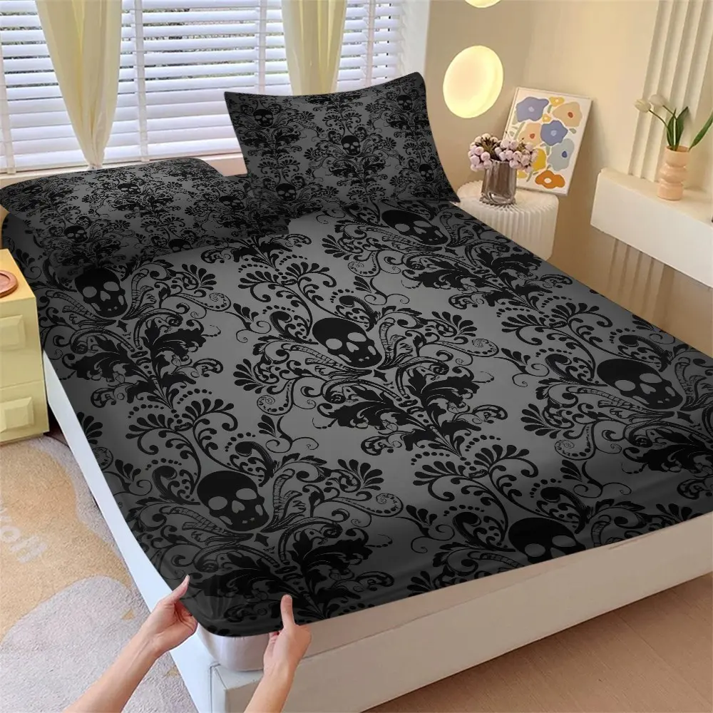 Gothic Vine Skull Print Bedding Set, Vintage Damask Pattern, High Elastic Full Cover Mattress Skirt, Matching Pillowcase, Bed Sheets Set