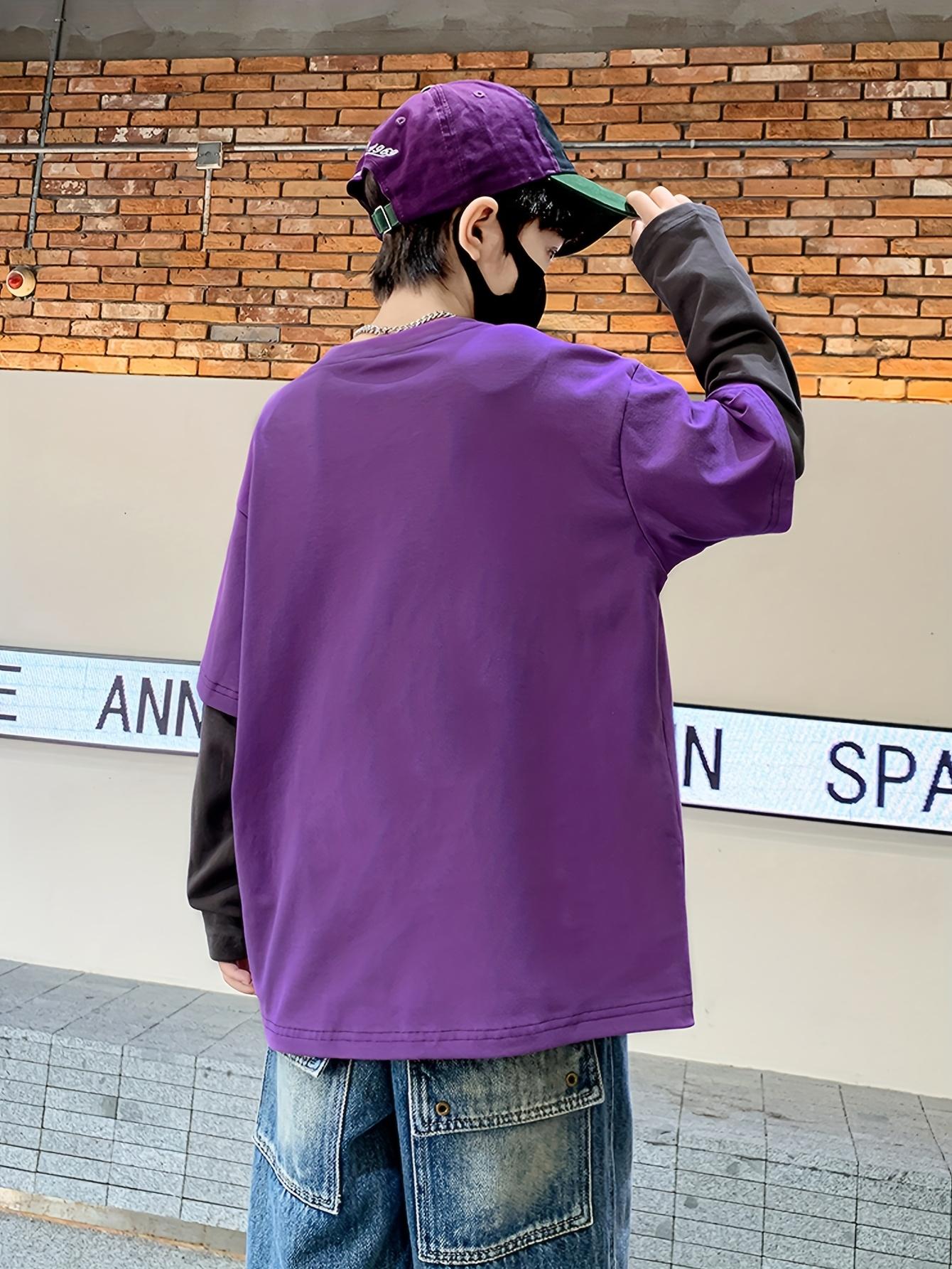 Boys' Two-Tone Long Sleeve T-Shirt - Purple & Color Block Streetwear Pullover with "POWER" Lettering, Drop Shoulder Casual Top for Spring/Fall Outdoor Sports, Spring Fall Apparel, Sporty Look, Durable Construction, Young Athletes, Streetwear Fashion