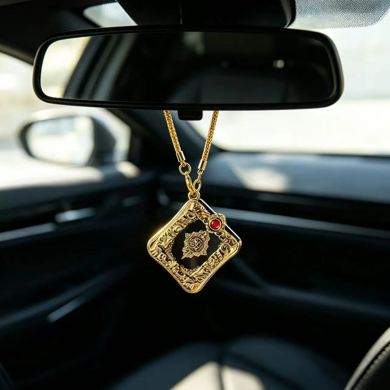 A portable Quran pendant symbolizing safe travel and auspicious protection; it features a detachable casing containing the complete Quran, making it an ideal rearview mirror accessory to gift to Muslim friends, family, drivers, or fellow car enthusiasts.