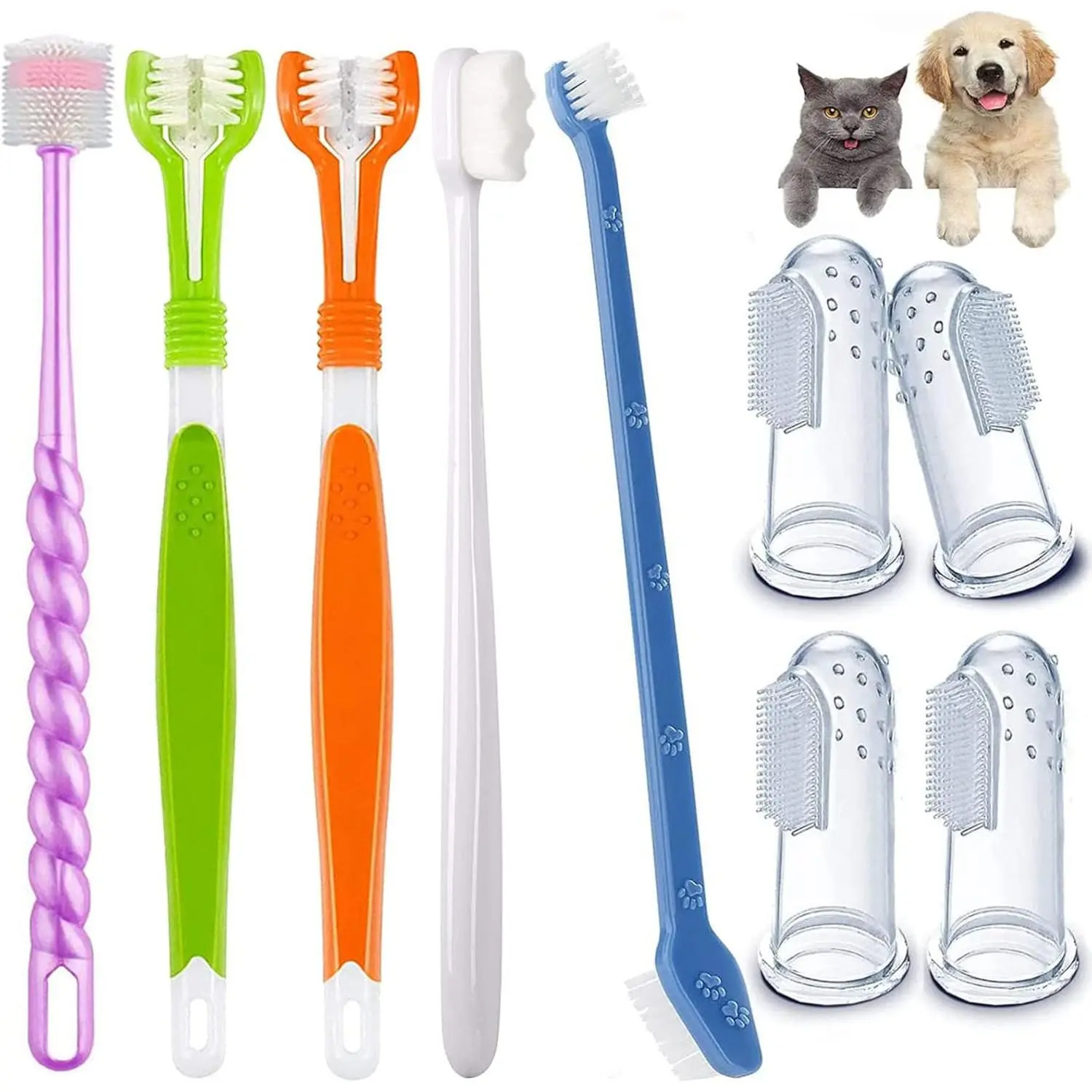 9-Pack Dog Toothbrush Kit, Triple Head & Double Head Dog Toothbrush, 360 Finger SiliconeToothbrush, Multi-Angle Dental Cleaning Brushes for Cat Oral Health, Pet Accessory
