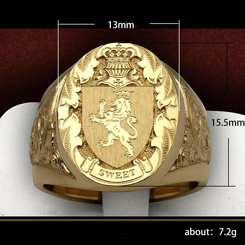Vintage Crown Lion Shield Crest Ring | European Gold Plated Royal Signet Men's Ring
