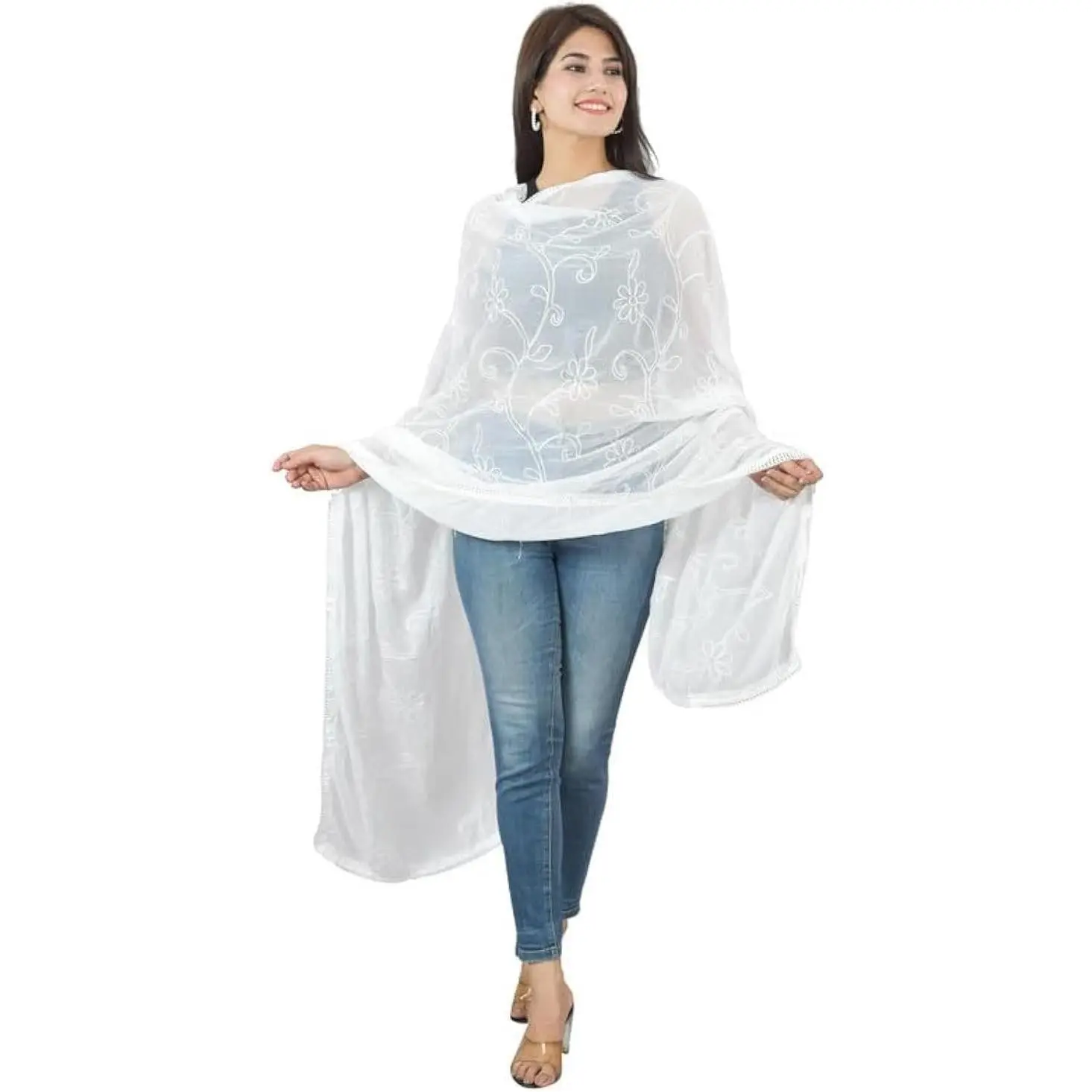 Vrnda Women's White Chikankari Chiffon Dupatta Hand Embroidered Stole Wrap | Lucknowi Floral Ethnic Scarf for Kurti Saree Lehenga Salwar Suit Wedding Party Festival Lightweight Summer Dupatta Wear