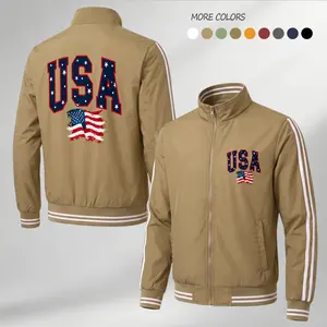 Men’s American Flag Print Lightweight Flight Jacket – Casual Bomber Jacket with USA Chest Logo, Back Flag Graphic, Ribbed Trim Streetwear Style