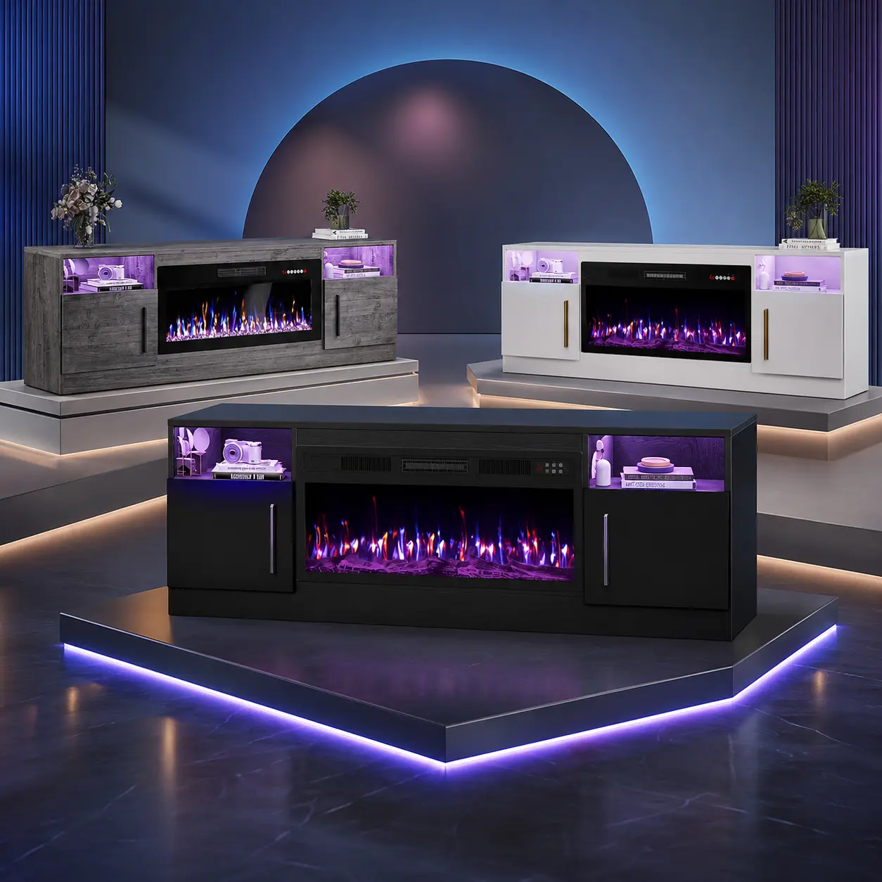 Modern Fireplace TV Stand With 36" Electric Fireplace, And Storage Cabinet With LED Light For TVs Up To 80" - High Gloss Wood Design For Living Room
