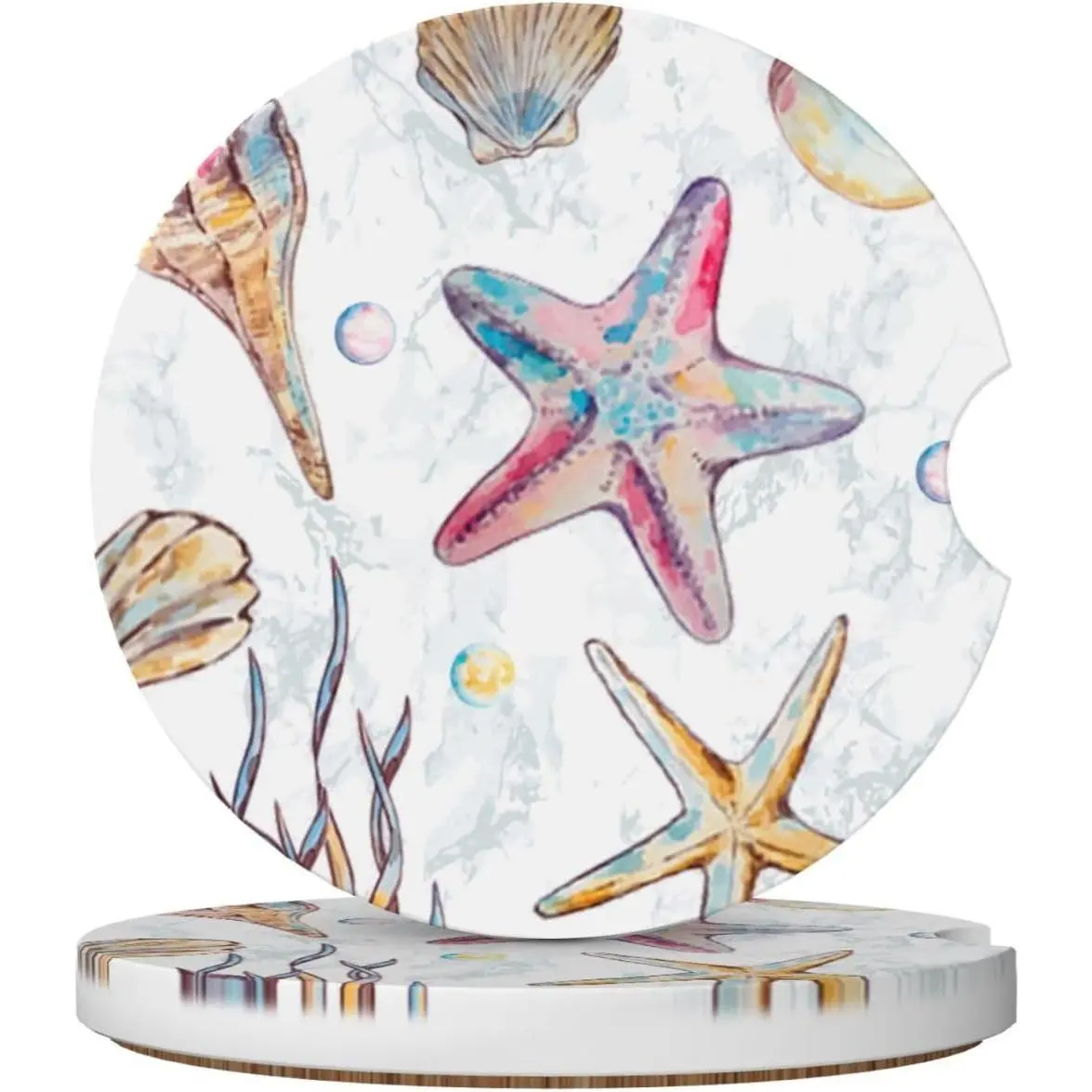 Sea Starfish Shells  Cup Coaster 2 Pack Ceramic Absorbent  Coasters 2.56 Inch Non-Slip  Cup Holder Interior  Accessories for Women Girls Cup Mats with Cork Base and Finger Notch