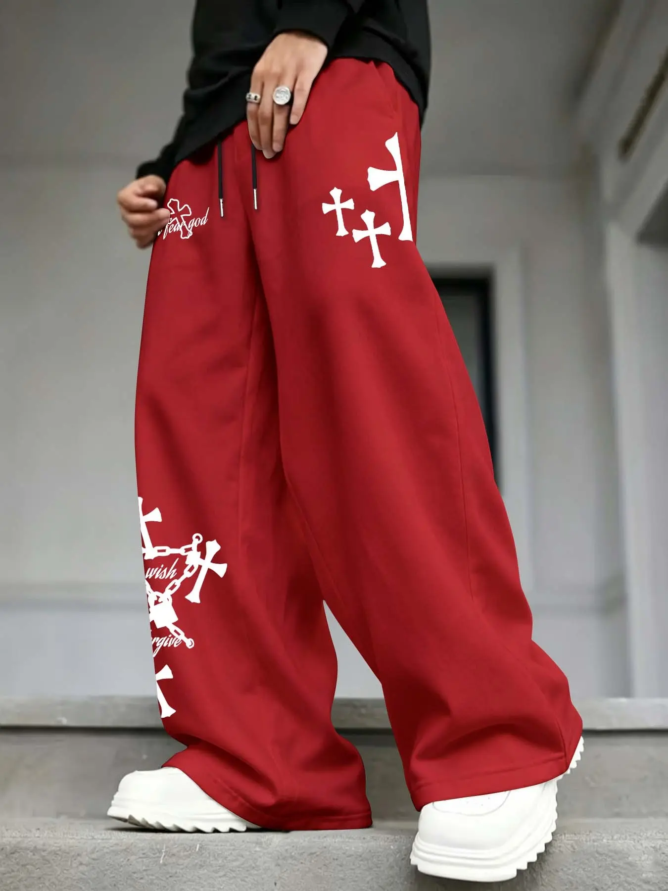 Men's Wide Leg Sweatpants, Loose-Fitting Geometric Print, Casual Fall & Winter Trousers, High Street Cross Design, Drawstring Long Pants, Graphic Pants