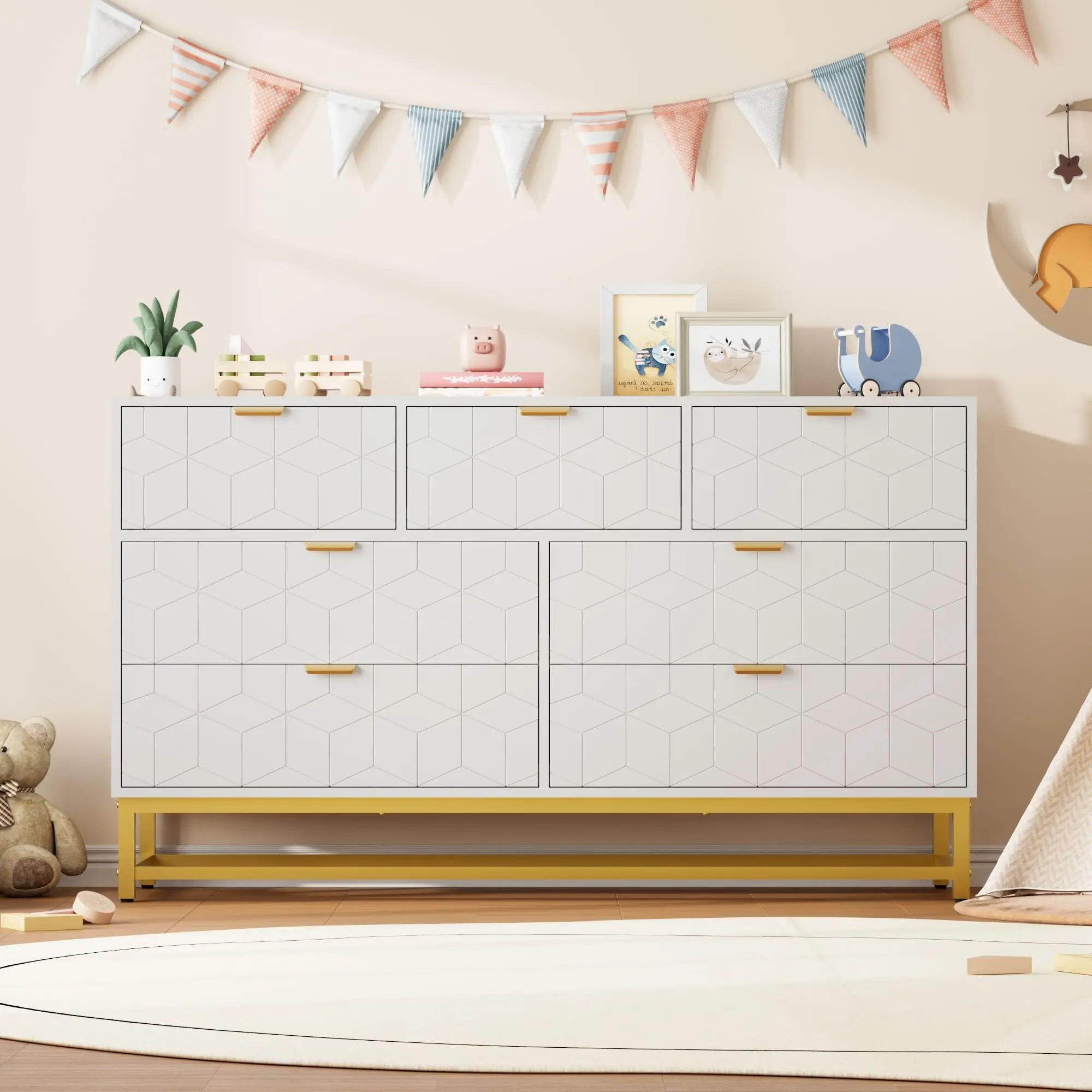 Garvee White 53.5" Wide Modern 7 Drawer Triple Dresser with Gold Accents, Large Storage Organizer for Bedroom, Living Room, Hallway, and Entryway