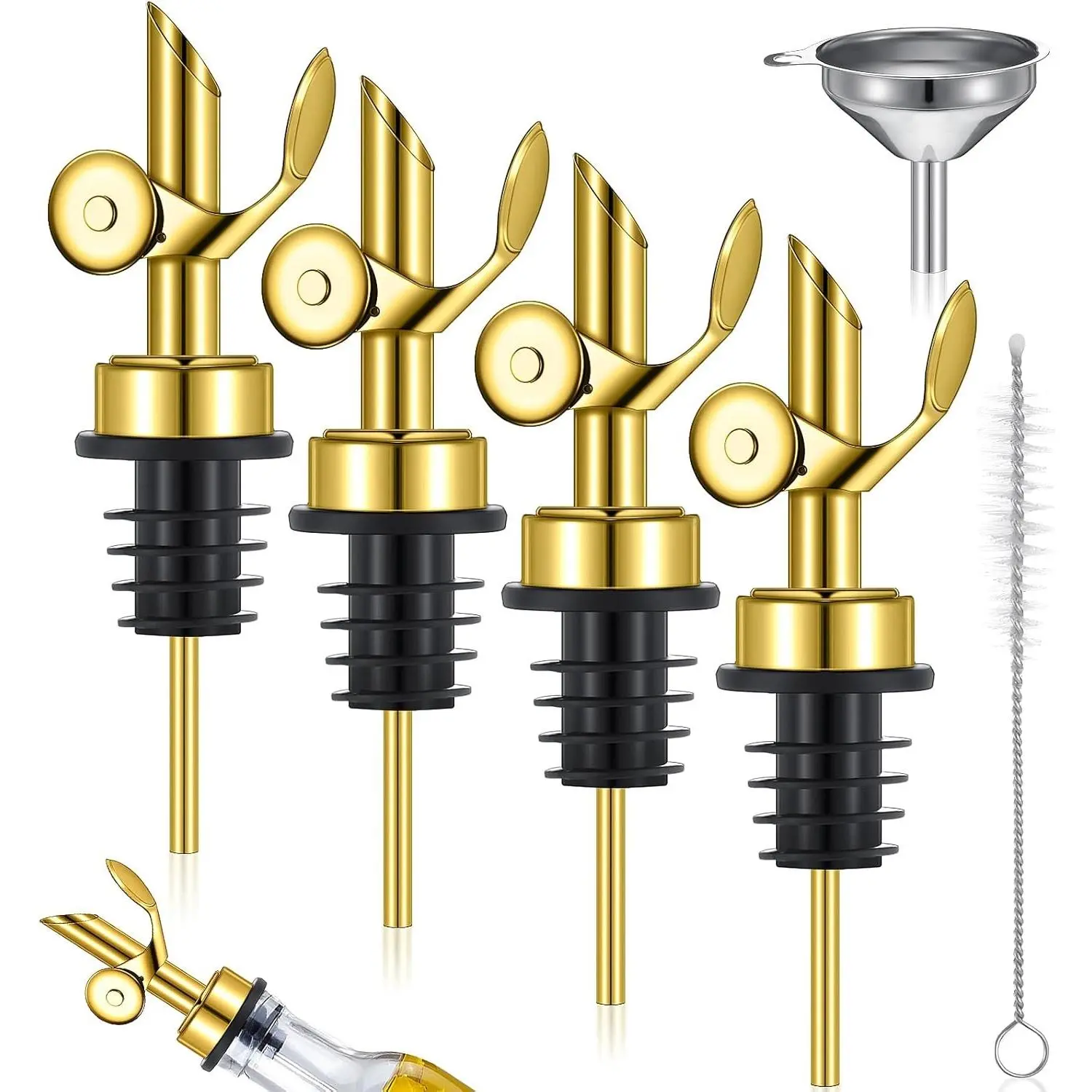 4 Pcs Olive Oil Spout with Funnel and Brush Stainless Steel Liquor Pour Spout for Olive Oil Bottle Dispenser Automatic Opening and Closing for Pouring Wine Syrup Kitchen(Gold)