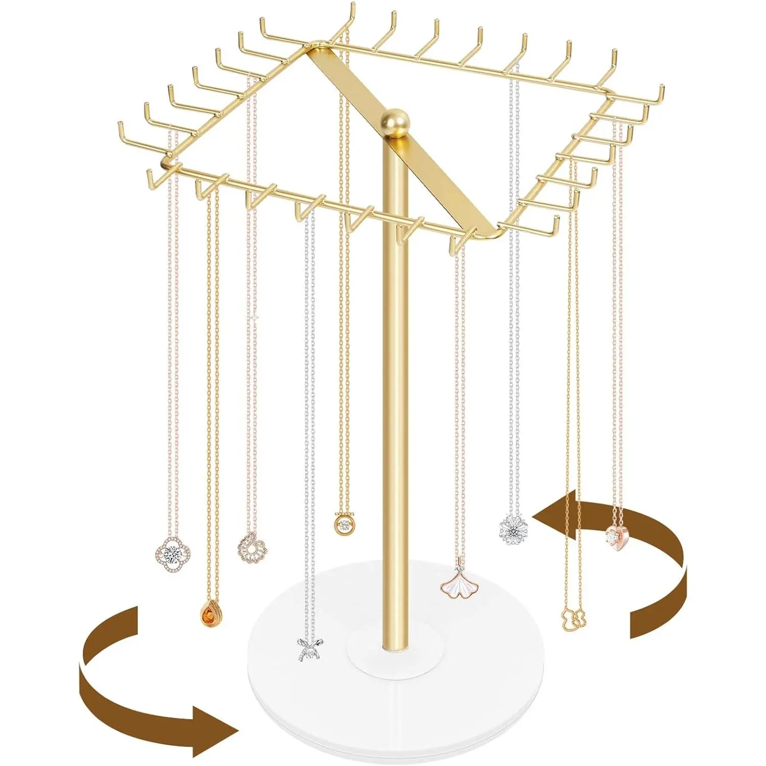 Rotating Necklace Holder Stand Metal Jewelry Organizer Display with 28 Hooks，Necklace Storage for Hanging Keychain Bracelet Long Chains Tree for Girls Women