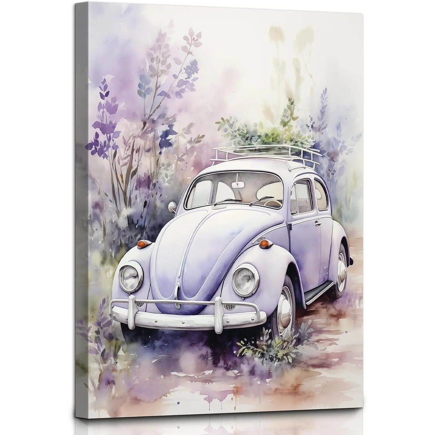 Craftline Purple VW Beetle Floral Canvas Wall Art - Artistic 12x16in Framed Decor, Rural Lavender Vintage Car with Botanical Flower Prints for Bedroom Room Decor