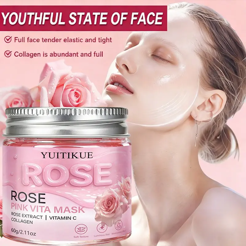 Yuitikue Rose Powder Vitamin Peel-Off Mask, Rose Extract + Vitamin C + Collagen, Night Repair, Hydrating, Brightening, Firming, 60g