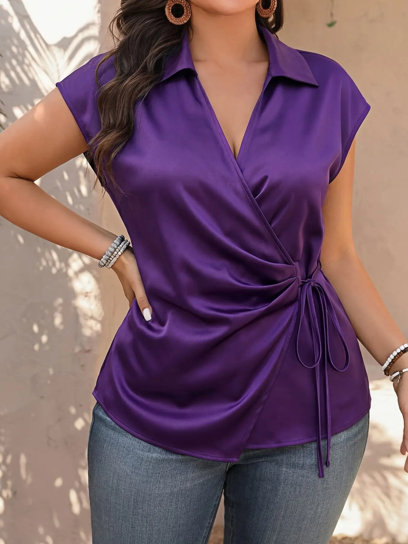 Plus Size Women's Lapel Solid Shirt, Elegant Loose Fit Tie Waist, Versatile for Parties, Dates, Graduation, Multiple Occasions