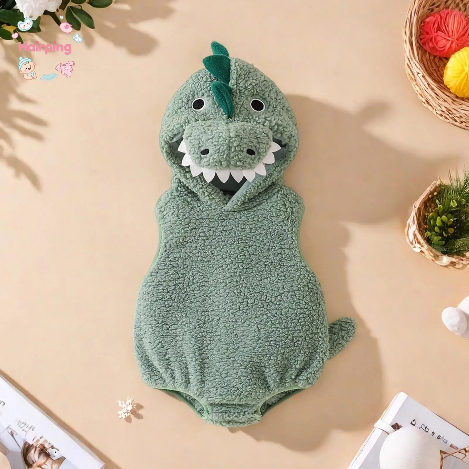 Newborn Dinosaur Bodysuit - 0-3 Months Polyester Loose-Fitting Plush Sleeveless Hood Romper, Baby Halloween Party Funny Clothes, Baby Shower Gift, Dinosaurs