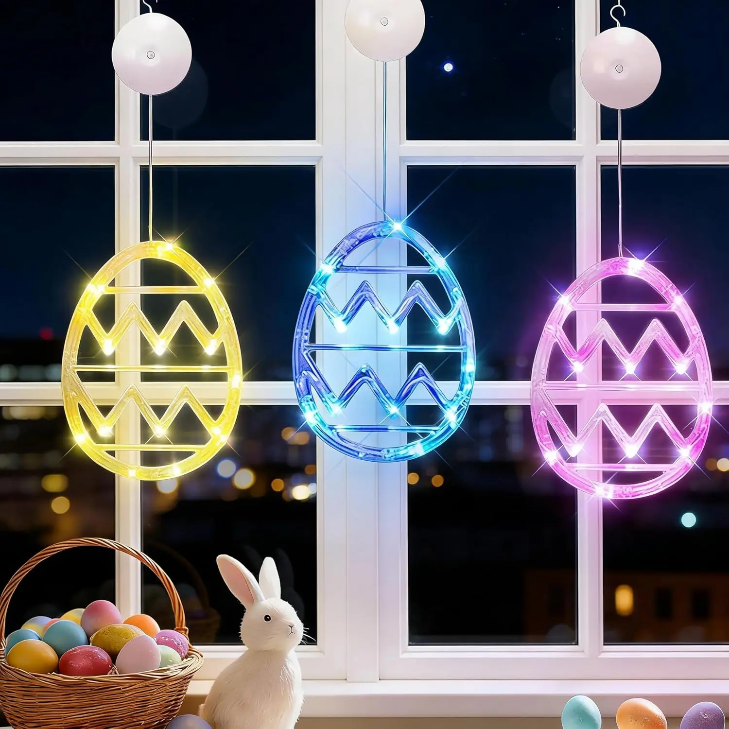 3 Pack Easter Lights for Window,Easter Window Hanging Lights Decorations LED Egg Shaped Battery Operated with Suction Cup for Home Bedroom Decor