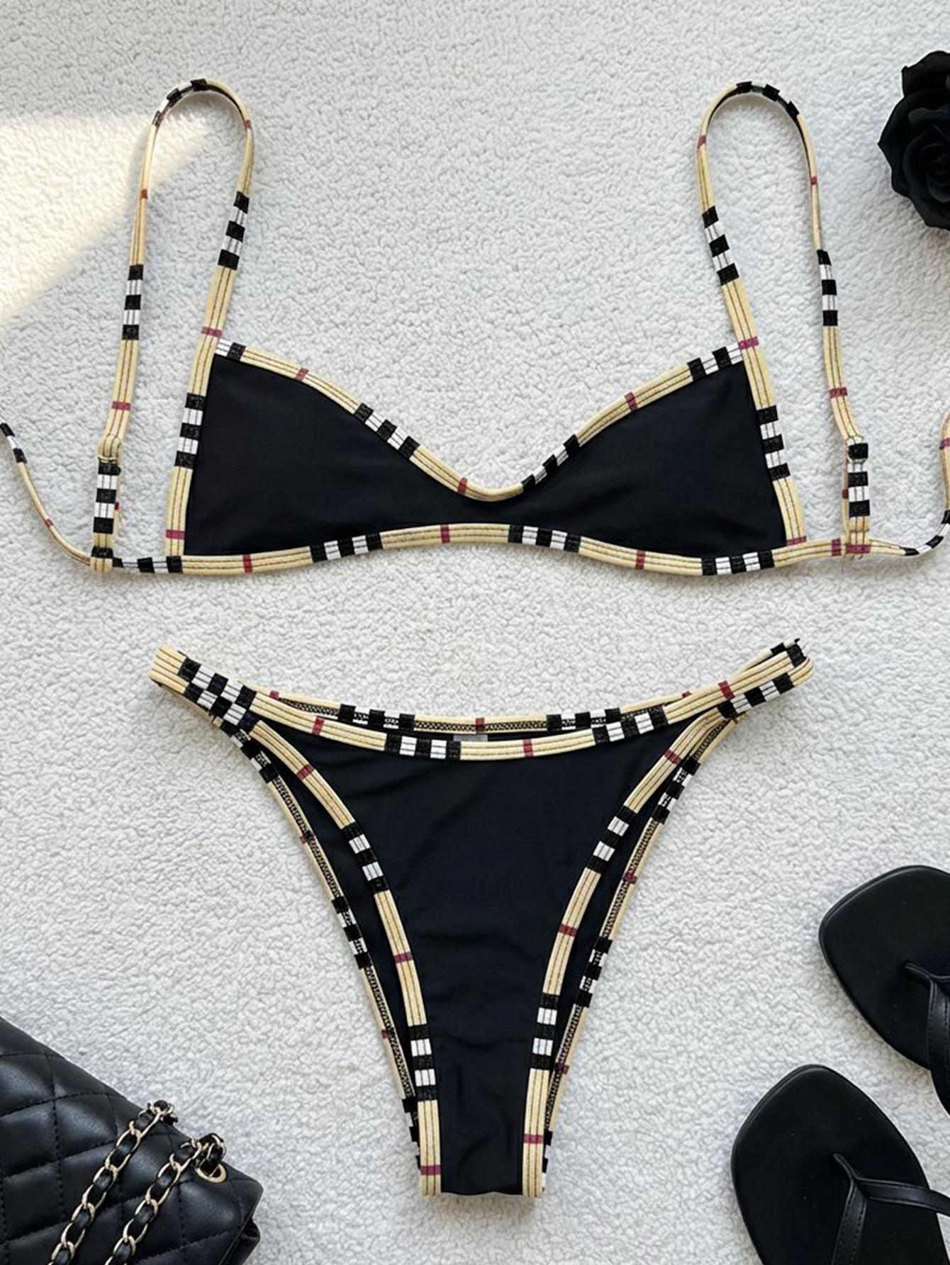 Bikini one-piece with a halter top and back tie - Pink and Blue Patterned Bikini Set for Women