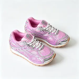 2026 new Platform Retro Running Sneakers | Pink Metallic Silver Mesh Upper Height-Boost Casual Footwear