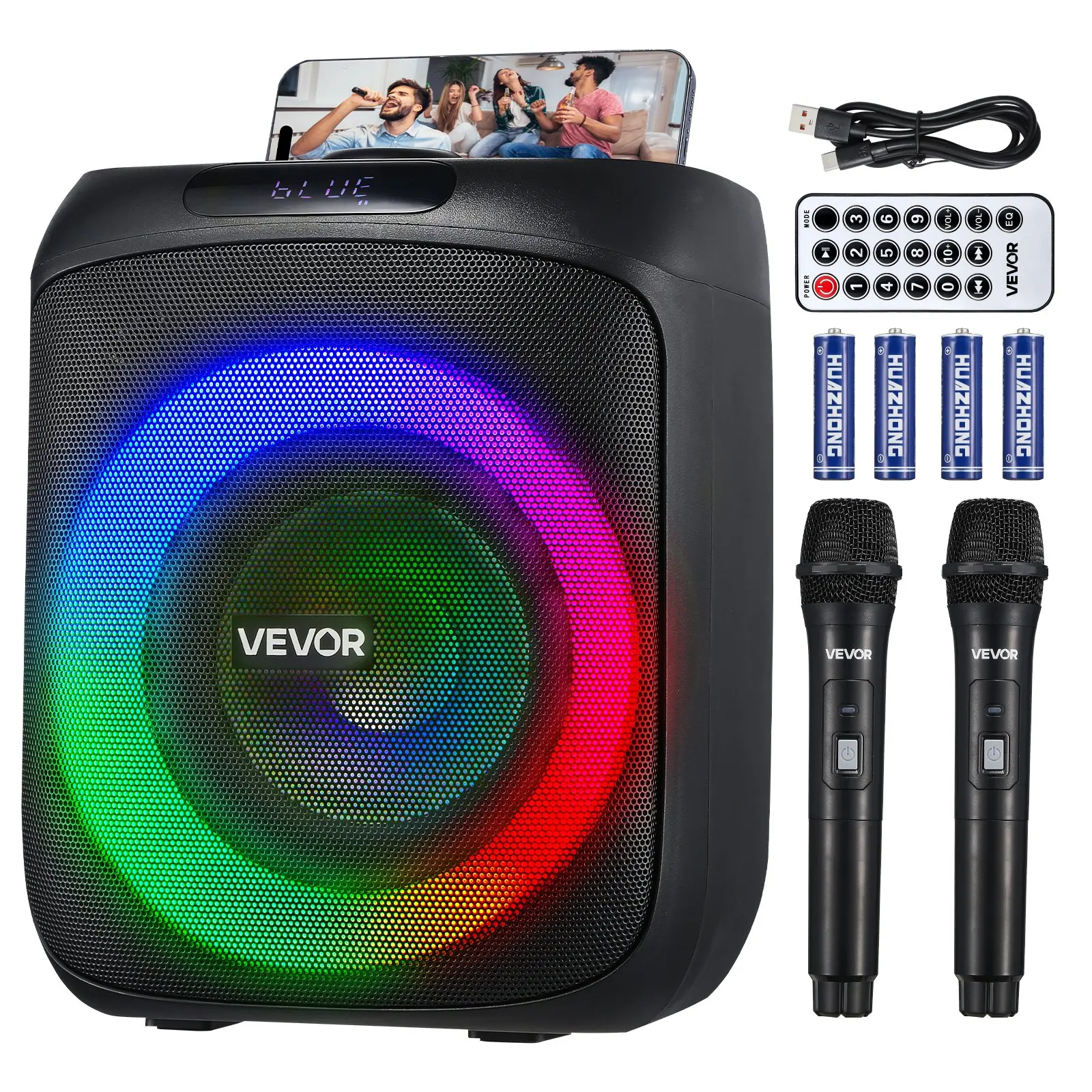 VEVOR 30W Power Karaoke Machine for Adults, 6.5-in Portable Bluetooth Stereo Speaker with 2 Wireless Microphones, Rechargeable Subwoofer, LED Light, TWS Function, Handle, Micro TF Card/USB/AUX Support, for Home Karaoke Parties, Device-Compatible